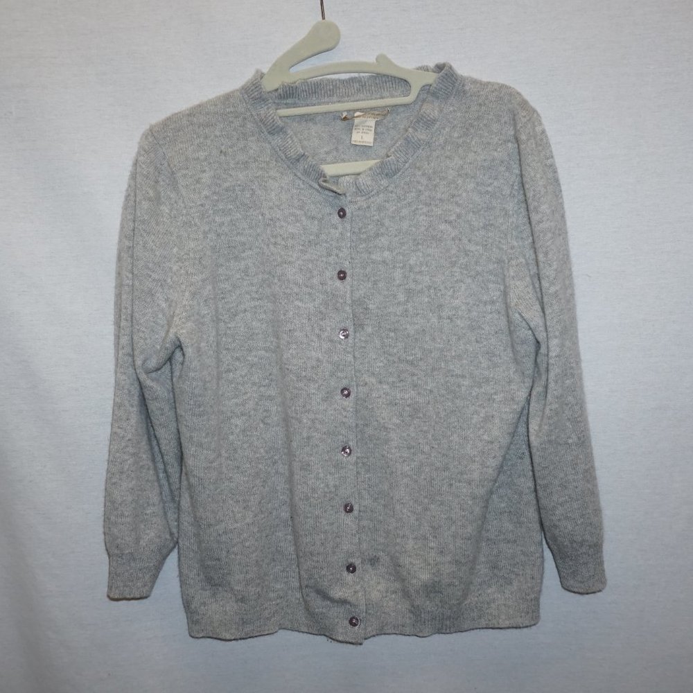 retro heather gray cashmere cardigan LARGE ruffle collar 3/4 sleeves B-5
